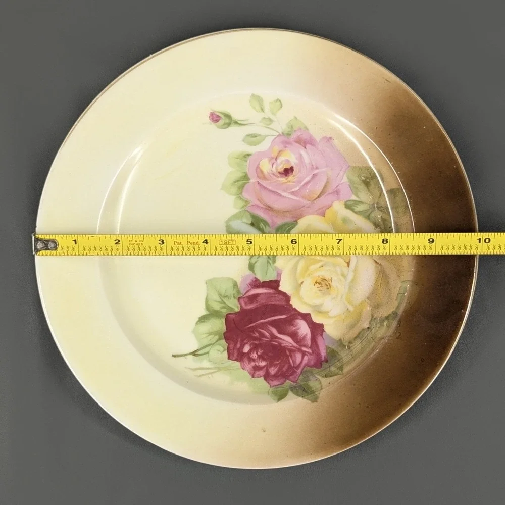 Vintage Hand Painted Porcelain Rose Floral Plate Cream Brown 10 Inch Decorative